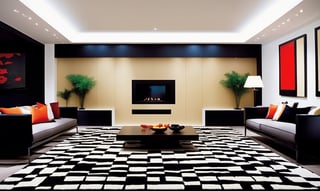 A wide-angle shot captures the masculine yet modern and classy fung shui  vibe of the empty room, every color and form in the room has equal balance, framing the bold black and white room is a  uniformed square checkerboard patern carpet that is the central focal point amidst the gray walls and soaring black ceiling. The camera gazes upon the square space, with a  larger back wall and shorter side walls that are even and have no doors the carpet stretches wall-to-wall in a even uniformed patern, the room is about new beginnings and possibilities.