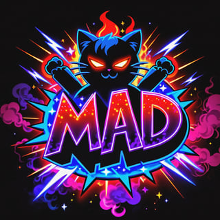 Text that reads "Mad Cat" in neon red, black, metallic, purple, blue, Pink, neon, sparkles, Neon colored smoke, planet, graffiti background,
,composed of elements of street art Fire Lightning Electricity Space stars and neon lights atomic explosions black holes space warp, atomic explosions, Cyberpunk,DonMH010D15pl4yXL ,abyssaltech ,faize,DonM3l3m3nt4lXL
