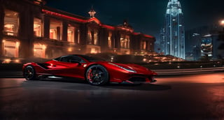 (Best quality, 8k, Masterpiece :1.2), hyper realistic, cyberpunk, at a mountain, an detailed red Ferrari 488, skyscrapers in the background, at night, ((Facing the audience)),