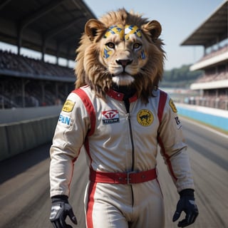 A lion in racing suit