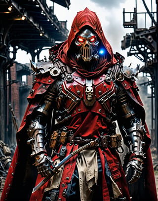 realistic, concept art, 1man, solo, post apocalypse outfit, red cape blowing in the wind, cowboy hat, robot arm, trench coat, mechanical skull mask, glowing chest, glowing eyes, katana strapped to the back  , close-up, glowing light, cinematic lighting, masterpiece, anatomically correct, super detail, best quality, award winning, highres, 4K, 8k, 16k, HD