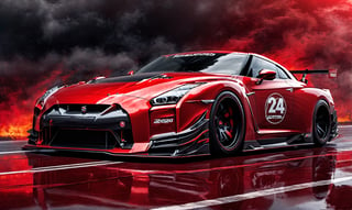 Ultra wide photorealistic medieval gothic image of "2024" lettering, custom design, graffiti, racing serial number, fast lanes,UIltra wide shot, full car 2024 Nissan GT R Nismo red with black race racing livery wiith a wide body kit racing with a Dark sun setting in the background, Glowing road as the car races showing motion with spinning tire blur and motion lines behind it,  - 8k photorealistic masterpiece - by Aaron Horkey and Jeremy Mann - detail. liquid gouache: Jean Baptiste Mongue: calligraphy: acrylic: color watercolor, cinematic lighting, maximalist photo illustration: marton Bobzert: 8k concept art, intricately detailed realism, complex, elegant, sprawling, fantastical and psychedelic, dripping with color,science fiction,H effect