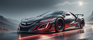 Ultra wide photorealistic image. Image created for the calendar. A luxury sports car, Honda NSX chrometech, red and black mecha, futuristic Race car with wide body kit and raceing strip race livery, Street racing other cars like it, car racing down moutain roads at night in the rain, Lightning stars large Moon with a red tint, Surrealism, Realism, Hyperrealism, sparkle, cinematic lighting, reflection light, ray tracing, speed lines, motion lines, first-person view, Ultra-Wide Angle, Sony FE, depth of field, masterpiece, ccurate, textured skin, super detail, high details, best quality, award winning, highres, 4K, 8k, 16k,H effect