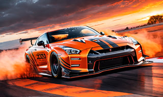 Ultra wide photorealistic medieval gothic image of "2024" lettering, custom design, graffiti, racing serial number, fast lanes,UIltra wide shot, full car 2024 Nissan GT R Nismo orange with black  race strips and wide body kit racing with a Dark sun setting in the background, Glowing road as the car races showing motion with spinning tire blur and motion lines behind it,  - 8k photorealistic masterpiece - by Aaron Horkey and Jeremy Mann - detail. liquid gouache: Jean Baptiste Mongue: calligraphy: acrylic: color watercolor, cinematic lighting, maximalist photo illustration: marton Bobzert: 8k concept art, intricately detailed realism, complex, elegant, sprawling, fantastical and psychedelic, dripping with color,science fiction,H effect