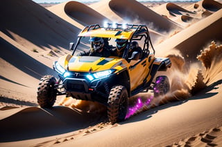 a close up of a person driving a black utv in the desert, buggy, dune, mixed art, tesla dune buggy, photos, sand, dynamic angled shot, high speed action, off - road, intense look, video, vehicle, dynamic action shot, off-roading, versatile, action shot, top down angle,