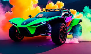 front  view, ultra relistic,  of a green ariel nomad  with headlights on, a light bar on the roof shining bright beams of white light ,  background of colorful smoke , ✏️🎨, 8k stunning artwork, vapor wave, neon smoke, hyper colorful, stunning art style, car with holographic paint, amazing wallpaper, futuristic art style, 8 k highly detailed ❤🔥 🔥 💀 🤖 🚀4k phone wallpaper, inspired by Mike Winkelmann, ,H effect