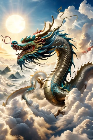 Majestic scene of 'The dragon soars in the sky' from the I Ching, magnificent Chinese dragon, detailed and vibrant, soaring above clouds, symbolizing apex of achievement, elegant winding body, strength and grace, awe-inspiring backdrop of clear blue sky and fluffy white clouds, highlighting ascendant position and celebrated status, by FuturEvoLab, (Masterpiece, Best Quality, 8k:1.2), (Ultra-Detailed, Highres, Extremely Detailed, Absurdres, Incredibly Absurdres, Huge Filesize:1.1), vivid colors, dynamic composition