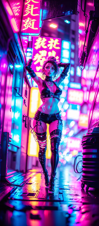 (((Fullbody view))), (best quality, 4K,8k, highres, masterpiece:1.2),ultra-detailed,(realistic,photorealistic,photo-realistic:1.37),90s vibe,cyberpunk,futuristic neon lights,pink and blue pastel colors,stylishly dressed girl with punk elements,dynamic composition,Kim Bassin-inspired character design,Retro 80s film poster art style,nostalgic atmosphere,innovative technology,aesthetic graffiti in the background,sleek and shiny surfaces,cityscape with towering skyscrapers,hovering vehicles,futuristic gadgets and holograms,action-packed scene,fashion-forward hairstyle and accessories,glowing tattoos and piercings,electric energy and sparks,urban underground culture,positive and empowering energy,unique and captivating visual narrative,synchronized dance moves with pulsating music,stylish typography and design elements