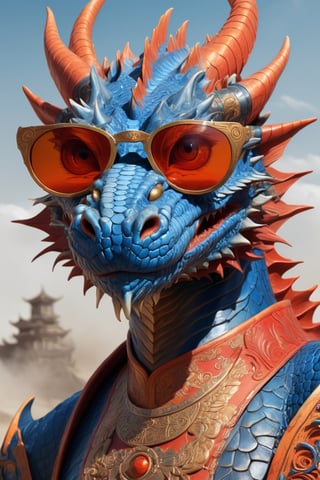 poster of a blue dragon with sunglasses, in the style of orient-inspired, post-apocalyptic surrealism, light orange and red, 32k uhd, chinapunk, meticulous design, detailed costumes 