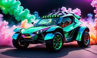 side view, ultra relistic,  of a green ariel nomad  with headlights on, a light bar on the roof shining bright beams of white light ,  background of colorful smoke , ✏️🎨, 8k stunning artwork, vapor wave, neon smoke, hyper colorful, stunning art style, car with holographic paint, amazing wallpaper, futuristic art style, 8 k highly detailed ❤🔥 🔥 💀 🤖 🚀4k phone wallpaper, inspired by Mike Winkelmann, ,H effect,colorful