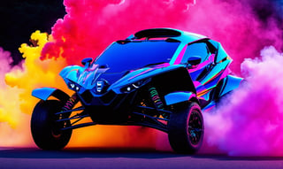 front  view of a Ariel Nomad with a colorful smoke trail coming out of it, ✏️🎨, 8k stunning artwork, vapor wave, neon smoke, hyper colorful, stunning art style, car with holographic paint, amazing wallpaper, futuristic art style, 8 k highly detailed ❤🔥 🔥 💀 🤖 🚀4k phone wallpaper, inspired by Mike Winkelmann, 