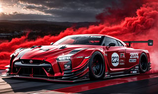 Ultra wide photorealistic medieval gothic image of "2024" lettering, custom design, graffiti, racing serial number, fast lanes,UIltra wide shot, full car 2024 Nissan GT R Nismo red with black race racing livery wiith a wide body kit racing with a Dark sun setting in the background, Glowing road as the car races showing motion with spinning tire blur and motion lines behind it,  - 8k photorealistic masterpiece - by Aaron Horkey and Jeremy Mann - detail. liquid gouache: Jean Baptiste Mongue: calligraphy: acrylic: color watercolor, cinematic lighting, maximalist photo illustration: marton Bobzert: 8k concept art, intricately detailed realism, complex, elegant, sprawling, fantastical and psychedelic, dripping with color,science fiction,H effect