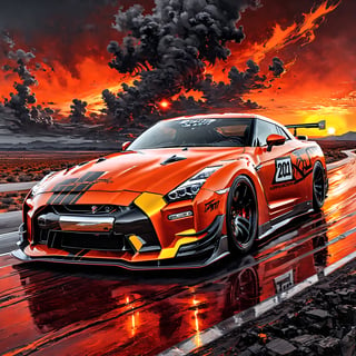 Ultra wide photorealistic medieval gothic image of "2024" lettering, custom design, graffiti, racing serial number, fast lanes, full car 2024 Nissan GT R Nismo orange with black  race strips and wide body kit racing whith  Dark sun setting in the background, Glowing road, black and neon laser yellow-red gray, ink flow - 8k photorealistic masterpiece - by Aaron Horkey and Jeremy Mann - detail. liquid gouache: Jean Baptiste Mongue: calligraphy: acrylic: color watercolor, cinematic lighting, maximalist photo illustration: marton Bobzert: 8k concept art, intricately detailed realism, complex, elegant, sprawling, fantastical and psychedelic, dripping with color,science fiction,H effect