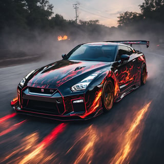 A photo realistic image of a Nissan GT-R Nismo 2023 
, sharp, detailed car body ,ethereal art, detailed tires, fire scene, (masterpiece, best quality, ultra-detailed, 8K), race car, street racing-inspired, Drifting inspired, LED, ((Twin headlights)), (((Bright neon color racing stripes))), (Black racing wheels), Wheel spin showing motion, Show car in motion, Burnout,  wide body kit, modified car,  racing livery, masterpiece, best quality, realistic, ultra high res, (((depth of field))), (full dual color neon lights:1.2), (hard dual color lighting:1.4), (detailed background), (masterpiece:1.2), (ultra detailed), (best quality), intricate, comprehensive cinematic, magical photography, (gradients), glossy, Fast action style, fire out of tail pipes, Sideways drifting in to a turns, Neon galaxy metalic paint with race stripes,