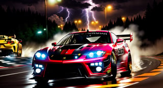 Race cars in a high speed street race (best quality,4k,8k,highres,masterpiece:1.2),ultra-detailed, ((a customized car)), ((street racer)), ((a beautiful paintjob)), ((fully detailed)), illustration, vivid colors, GTR, NSX,  Drifting, going fast, night, bright yellow headlights,setting USA Oregon's Mountain roads, No text on signs, Late night time, Set in a rain storm with lightning,1 car.,Nature, model shoot style, Fast action style, Sideways drifting in to a turn, Red and black cars, 