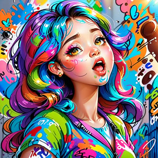 the graffiti style of cute woman is singing, ((soft colorful, rich colors,high detailed, masterpiece,natural lighting,less Shadow,high quality, graffiti style))