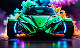 front  view, ultra relistic,  of a green ariel nomad  with headlights on, a light bar on the roof shining bright beams of white light ,  background of colorful smoke , ✏️🎨, 8k stunning artwork, vapor wave, neon smoke, hyper colorful, stunning art style, car with holographic paint, amazing wallpaper, futuristic art style, 8 k highly detailed ❤🔥 🔥 💀 🤖 🚀4k phone wallpaper, inspired by Mike Winkelmann, ,H effect,colorful