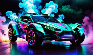 front  view, ultra relistic,  of a green ariel nomad  with headlights on, a light bar on the roof shining bright beams of white light ,  background of colorful smoke , ✏️🎨, 8k stunning artwork, vapor wave, neon smoke, hyper colorful, stunning art style, car with holographic paint, amazing wallpaper, futuristic art style, 8 k highly detailed ❤🔥 🔥 💀 🤖 🚀4k phone wallpaper, inspired by Mike Winkelmann, ,H effect,colorful