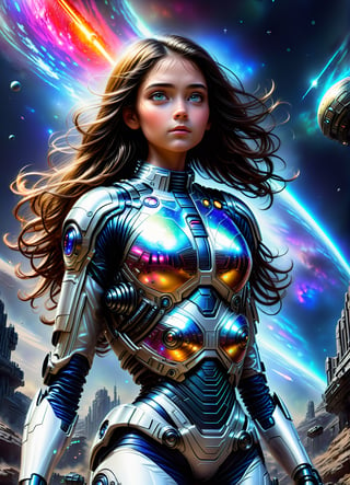 In this stunning illustration, a 15-year-old bionic girl with well-muscled and plump features stands proudly as a solo astronaut cyborg in a space battlefield. Her main line is tinted with vibrant colors, showcasing her beauty. The scene takes place on the surface of a space mobile fortress, where she wears a bullet belt with a javelin, saber rifle, and rocket pack. Zero gravity allows for dynamic posing, highlighting her intricate and beautiful decorations, fine skin expression, and jewel-like eyes. Her long eyelashes and meticulously drawn hair add to her overall visual appeal. The perfectly proportioned anatomy is on full display as she holds her firearm with precision. The color coordination is ideal, simulating light-material interactions with high-quality precision detail. This piece of art conveys a sense of narrative through its vivid depiction.