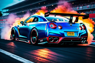 (((A photo realistic image of a Nissan GT-R Nismo 2023))), ((wide shot)) , sharp, detailed car body ,Flame Paint, detailed tires, (masterpiece, best quality, ultra-detailed, 8K), race car, street racing-inspired, Drifting inspired, LED, ((Twin headlights)), (((Bright neon color racing stripes))), (Black racing wheels), Wheel spin showing motion, Show car in motion, Burnout,  wide body kit, modified car,  racing livery, masterpiece, best quality, realistic, ultra high res, (((depth of field))), (full dual color neon lights:1.2), (hard dual color lighting:1.4), (detailed background), (masterpiece:1.2), (ultra detailed), (best quality), intricate, comprehensive cinematic, magical photography, (gradients), glossy, Fast action style, Sideways drifting in to a turns, 