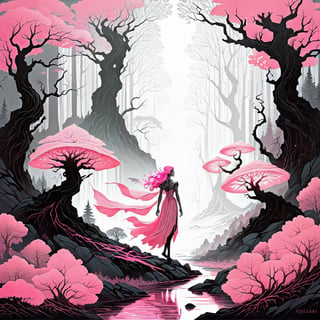 dryad in the woods. on black canvas in the style of guillem h. pongiluppi, abigail larson, ominous landscapes, john sloane, light gray and pink, energy-filled illustrations,Magical Fantasy style