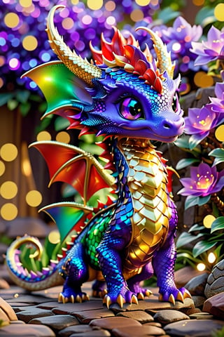 enigma, octane rendering, unreal engine, cinematic, hyperrealism, 16k, depth of field, bokeh.iridescent accents.vibrant.Dragon cub made like the video game character Spyro, with dragon scales with a shiny purple and gold outline, horns golden and two red wings, it has four purple legs, a charismatic personality, a cunning look, the dragon has the tip of its tail in the shape of a golden arrow. In color, each scale shines with iridescent hues, transforming the ordinary into a fascinating spectacle.Disney pixar style