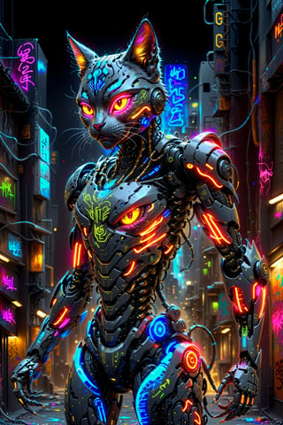  graffiti neon street art A sleek, futuristic mecha human black Mad Cat, with glowing cybernetic enhancements prowls through a golden neon-lit cityscape  neon vivid colors, SelectiveColorStyle,DonM3l3m3nt4lXL,hdsrmr