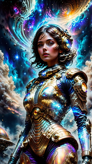 A stunning, 4K masterpiece depicts an astronaut clad in ornate, steam-powered armor, standing at the edge of a distant planet's atmosphere. The steam punk-inspired suit is adorned with intricate details, contrasting with the ethereal, hauntingly beautiful view of the cosmos. Vivid colors and moody shadows dance across the scene, as starlight fog swirls around her majestic face. A retro-futuristic technology-laden environment, filled with smoke and fog effects, creates a timeless sense of adventure and mystery. The isolated heroine's pose exudes an air of exalted exploration, set against the dramatic contrast of distant planets.