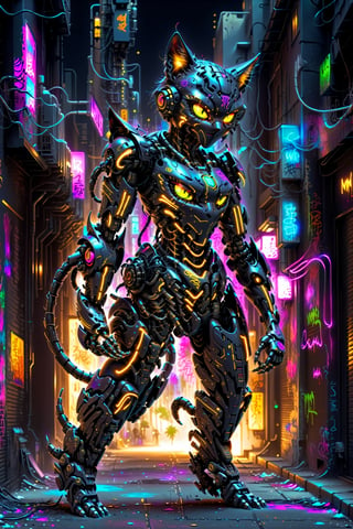  graffiti neon street art A sleek, futuristic mecha human black Mad Cat, with glowing cybernetic enhancements prowls through a golden neon-lit cityscape  neon vivid colors, SelectiveColorStyle,DonM3l3m3nt4lXL,hdsrmr