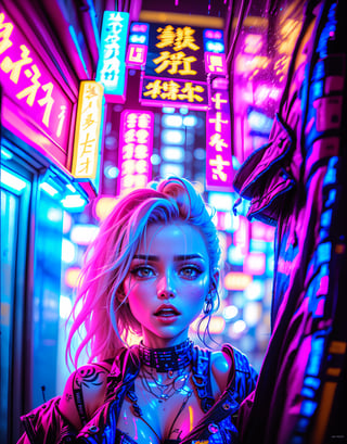 (best quality,4k,8k,highres,masterpiece:1.2),ultra-detailed,(realistic,photorealistic,photo-realistic:1.37),90s vibe,cyberpunk,futuristic neon lights,pink and blue pastel colors,stylishly dressed girl with punk elements,dynamic composition,Kim Bassin-inspired character design,Retro 80s film poster art style,nostalgic atmosphere,innovative technology,aesthetic graffiti in the background,sleek and shiny surfaces,cityscape with towering skyscrapers,hovering vehicles,futuristic gadgets and holograms,action-packed scene,fashion-forward hairstyle and accessories,glowing tattoos and piercings,electric energy and sparks,urban underground culture,positive and empowering energy,unique and captivating visual narrative,synchronized dance moves with pulsating music,stylish typography and design elements