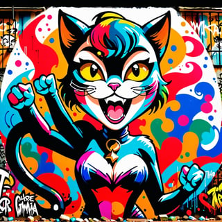 "Mad Cat" the graffiti style of cute cat woman is singing, ((bold colorful, rich colors,high detailed, masterpiece,natural lighting,less Shadow,high quality, graffiti style)),LOGO