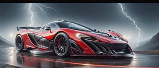 Ultra wide photorealistic image. Image created for the calendar. A luxury sports car, McLaren P1 chrometech red and black futuristic with wide body kit and raceing strip with race livery, Street racing other cars like it, car racing down moutain roads at night in the rain, Lightning stars large Moon with a red tint, Surrealism, Realism, Hyperrealism, sparkle, cinematic lighting, reflection light, ray tracing, speed lines, motion lines, first-person view, Ultra-Wide Angle, Sony FE, depth of field, masterpiece, ccurate, textured skin, super detail, high details, best quality, award winning, highres, 4K, 8k, 16k,H effect
