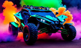 front  view, ultra relistic,  of a green ariel nomad tactical ATV 4x4 with headlights on and a light bar on the roof with the light on ,  background of colorful smoke , ✏️🎨, 8k stunning artwork, vapor wave, neon smoke, hyper colorful, stunning art style, car with holographic paint, amazing wallpaper, futuristic art style, 8 k highly detailed ❤🔥 🔥 💀 🤖 🚀4k phone wallpaper, inspired by Mike Winkelmann, 