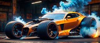 ultra realistic, car Hot rod sports pld school and tuning style with wide tires, high futuristic cyberpunk style, bright smoke colors, incredibly detailed, dark, key visuals, atmospheric, highly realistic, ultra quality ray tracing, orange