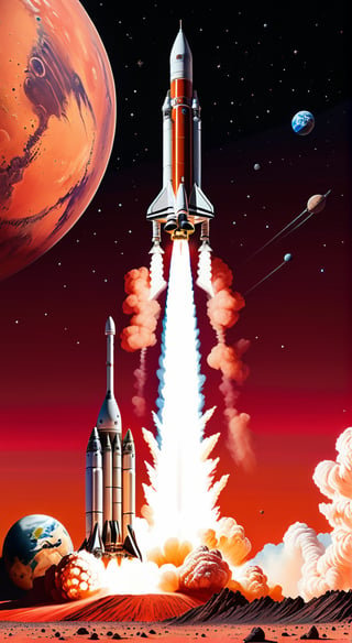 impactful color paint of a rocket is launching from Earth on a mission to explore Mars. Show the rocket against the backdrop of a red Martian sky, with the planet's surface and rocky terrain below, ........... highly detailed, vibrant colors , 8k, sharp, professional, clear, high contrast, high saturated, , vivid deep blacks, crystal clear