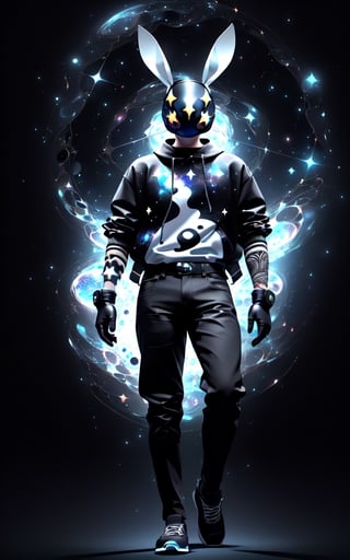 solo_male, feminine, solo, skinny, (slim), simple background, gloves, animal ears, full body, (black skin), grey background, glowing, no pupils, (human_lip), starry sky print, (white rabbit mask:1.2), (black tribal celestial clothes:1.2), dinamic photo, mystic, 3d render, unreal engine,Celestial Skin,