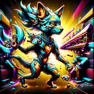 highly detailed colourful graffiti illustration of jackal playing with TNT, wearing gold headphones,