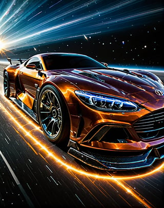 a sci-fi sportscar passing by, light speed, flash, motion trail, a shining star(sun) in the background, motion blur, epic visual effects, interstellar, flow, detailed, scifi, star blast, dark vibrant colors, cosmic art, stars in background, cinematic scene, lens flare, god rays, glow, , glowing, sparks, lightning, ultra detailed dramatic lighting,