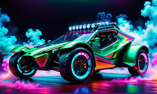 side view, ultra relistic,  of a green ariel nomad  with headlights on, a light bar on the roof shining bright beams of white light ,  background of colorful smoke , ✏️🎨, 8k stunning artwork, vapor wave, neon smoke, hyper colorful, stunning art style, car with holographic paint, amazing wallpaper, futuristic art style, 8 k highly detailed ❤🔥 🔥 💀 🤖 🚀4k phone wallpaper, inspired by Mike Winkelmann, ,H effect,colorful