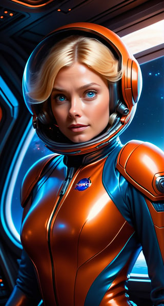 Masterpiece female space pilot floats weightlessly in a futuristic spaceship cabin, her blonde hair flowing freely amidst a warm, cinematic glow. Her blue eyes sparkle as she holds her helmet, surrounded by orange and blue displays emitting a soft hum. Shiny gold accents on her latex suit reflect the gentle lighting, while glowing stripes shimmer like stars on the dark fabric. Against the dimly lit backdrop of the spaceship's window, a fiery red planet looms large, its rugged surface illuminated by a faint, crimson light.,frostracetech,Movie Still