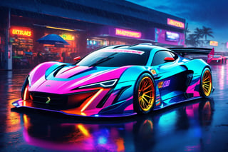 (digital artwork), EV Super car, wide body kit, modified car, racing livery, raining masterpiece, best quality, realistic, ultra highres, depth of field, (full dual colour neon lights:1.2), (hard dual colour lighting:1.4), (detailed background), (masterpiece:1.2), (ultra detailed), (best quality), intricate, comprehensive cinematic, magical photography, (gradients), colorful, detailed landscape, visual key,