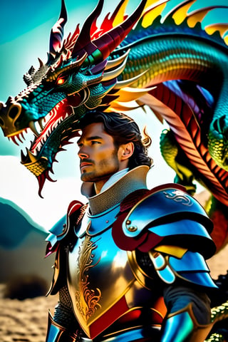 (((full_body portrait))), Photo of a knight and dragon, Hyper-detailled, 32k, Super High definition, Vibrant Colors, Soft focus, Ultra Smooth,Soft natural look, Full shot, photorealistic, realism, film still, cinematic shot, dreamwave, aesthetic, action_pose,Movie Still,photo r3al,gemsdragon