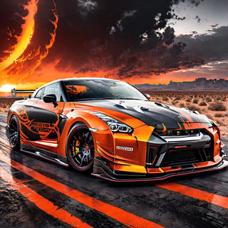 Ultra wide photorealistic medieval gothic image of "2024" lettering, custom design, graffiti, racing serial number, fast lanes, full car 2024 Nissan GT R Nismo orange with black  race strips and wide body kit racing whith  Dark sun setting in the background, Glowing road, black and neon laser yellow-red gray, ink flow - 8k photorealistic masterpiece - by Aaron Horkey and Jeremy Mann - detail. liquid gouache: Jean Baptiste Mongue: calligraphy: acrylic: color watercolor, cinematic lighting, maximalist photo illustration: marton Bobzert: 8k concept art, intricately detailed realism, complex, elegant, sprawling, fantastical and psychedelic, dripping with color,science fiction,H effect