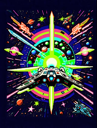 Here's a prompt for creating an epic retro-style video game cover art:

A vintage arcade machine, its neon-lit buttons glowing like stars, dominates the foreground. Space ships in various states of destruction - some exploding into fiery balls, others crippled with damage - whizz past, leaving trails of laser fire across the star-studded, planet-filled background. The title 'Galaxy Defence' bursts forth in bold, retro-style font, while neon-green and blue hues infuse the artwork with a sense of high-energy excitement. Retro wave-inspired, this masterpiece of retrowave art screams 80s nostalgia for classic space ship fighter games.,spcrft