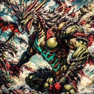 green giant Dragon face to face a hero with light saber,Ferocious,gargantuan,fhe eyes glow red,Glow effects,surrounded by cloud,ancient ruin, tomb