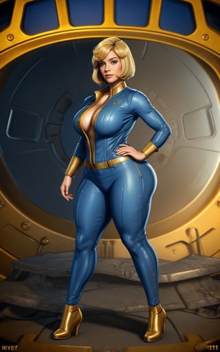 (masterpiece, best quality, realistic), full body, wide shot, 1girl, (Fallout 4 Vault girl), vault tec, sexy girl, beautiful, short blonde hair, smiling with closed mouth, (body tight jumpsuit), (deep blue jumpsuit with golden details from vault 111) (jumpsuit with long sleaves and frontal zipper, no_cutouts), combat boots, pipboy on wrist, (vault girl), vault 111, ((curvy body)) defined body, long legs, good lighting, very detailed face, eyes highly detailed, random sexy pose, fallout