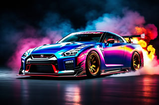 (((A photo realistic image of a Nissan GT-R Nismo 2023))), ((wide shot)) , sharp, detailed car body ,ethereal art, detailed tires, fire scene, (masterpiece, best quality, ultra-detailed, 8K), race car, street racing-inspired, Drifting inspired, LED, ((Twin headlights)), (((Bright neon color racing stripes))), (Black racing wheels), Wheel spin showing motion, Show car in motion, Burnout,  wide body kit, modified car,  racing livery, masterpiece, best quality, realistic, ultra high res, (((depth of field))), (full dual color neon lights:1.2), (hard dual color lighting:1.4), (detailed background), (masterpiece:1.2), (ultra detailed), (best quality), intricate, comprehensive cinematic, magical photography, (gradients), glossy, Fast action style, fire out of tail pipes, Sideways drifting in to a turns, Neon galaxy metalic paint with race stripes,