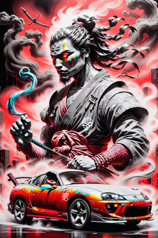 neon street art Toyota Supra car with smoke and the ghost of a samurai warrior with a blood red background, neon vivid colors,