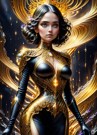 A regal woman stands proudly, grasping a slender pole in one hand while wearing black gloves that cinch her slender waist, against a mesmerizing backdrop of floating gold particles. Her detailed face and piercing eyes are the focal point, lit to highlight intricate details of ornate attire blending black and gold hues. Crystalline structures made of pure gold burst forth from beneath her hands, as if freed from the earth's core. Her gaze, rendered with perfect intensity, draws the viewer into this captivating science fiction-inspired scene.