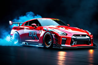 A photo realistic image of a Nissan GT-R Nismo 2023 
, sharp, detailed car body ,ethereal art, detailed tires, fire scene, (masterpiece, best quality, ultra-detailed, 8K), race car, street racing-inspired, Drifting inspired, LED, ((Twin headlights)), (((Bright neon color racing stripes))), (Black racing wheels), Wheel spin showing motion, Show car in motion, Burnout,  wide body kit, modified car,  racing livery, masterpiece, best quality, realistic, ultra high res, (((depth of field))), (full dual color neon lights:1.2), (hard dual color lighting:1.4), (detailed background), (masterpiece:1.2), (ultra detailed), (best quality), intricate, comprehensive cinematic, magical photography, (gradients), glossy, Fast action style, fire out of tail pipes, Sideways drifting in to a turns, Neon galaxy metalic paint with race stripes,